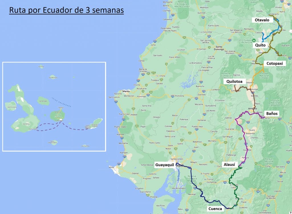 mapa itinerario viaje Ecuador