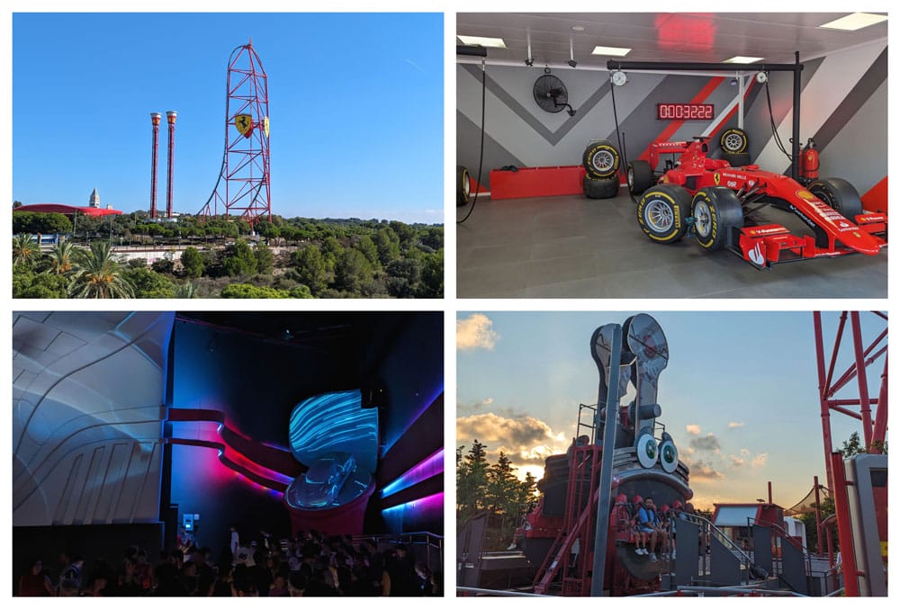 collage con atracciones de ferrari land como simuladores o montañas rusas