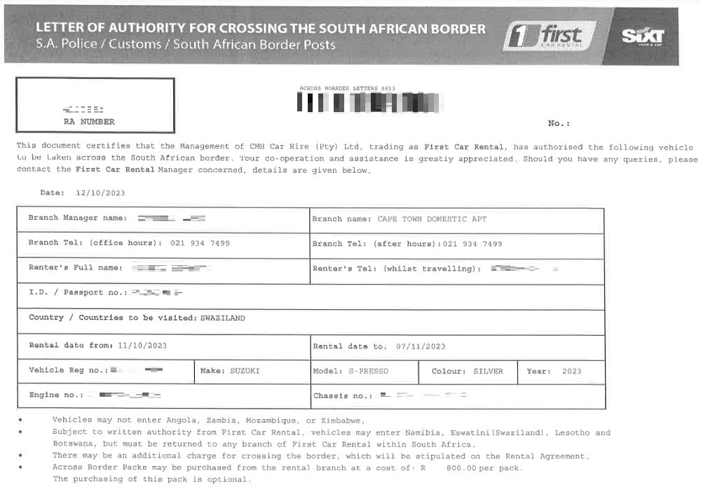 autorización cruce frontera Sudáfrica y Esuatini coche de alquiler