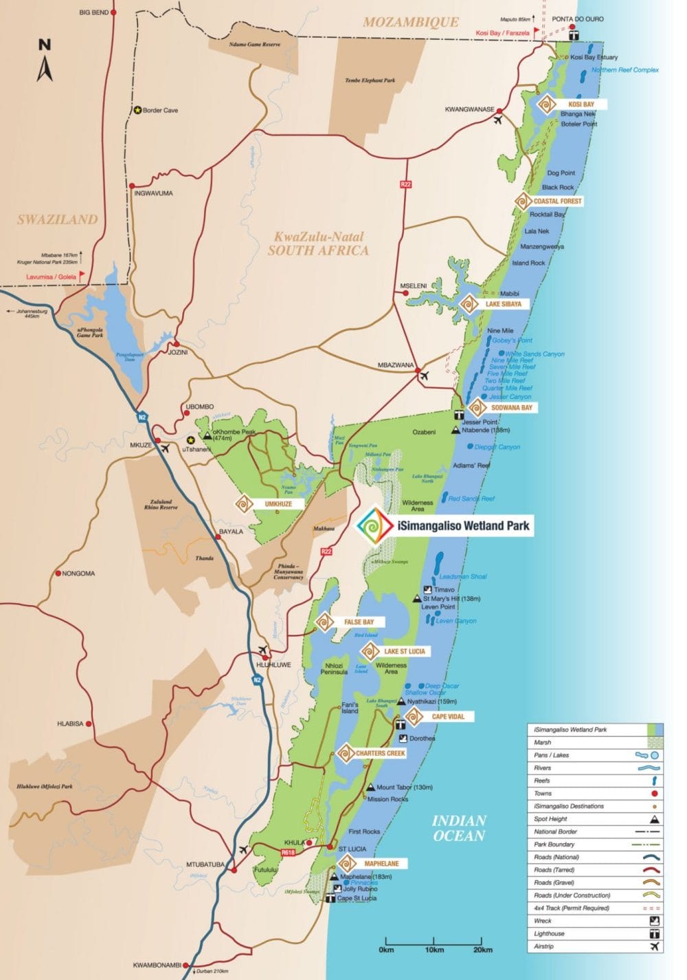 mapa del parque del Humedal de iSimangaliso en Sudáfrica