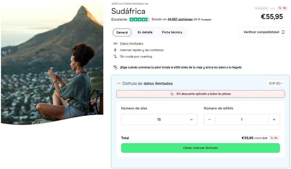 mejor eSIM para Sudáfrica con datos ilimitados