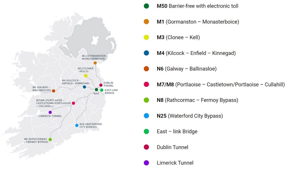 mapa carreteras de pago en Irlanda