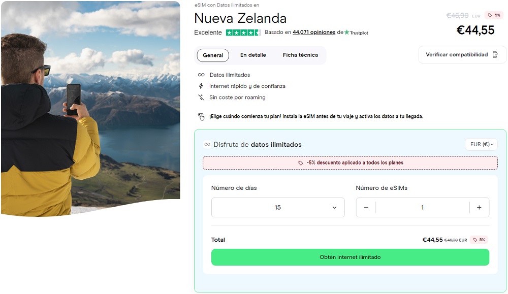 mejor eSIM para Nueva Zelanda con datos ilimitados