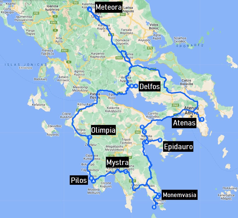 mapa de la ruta por Grecia Continental