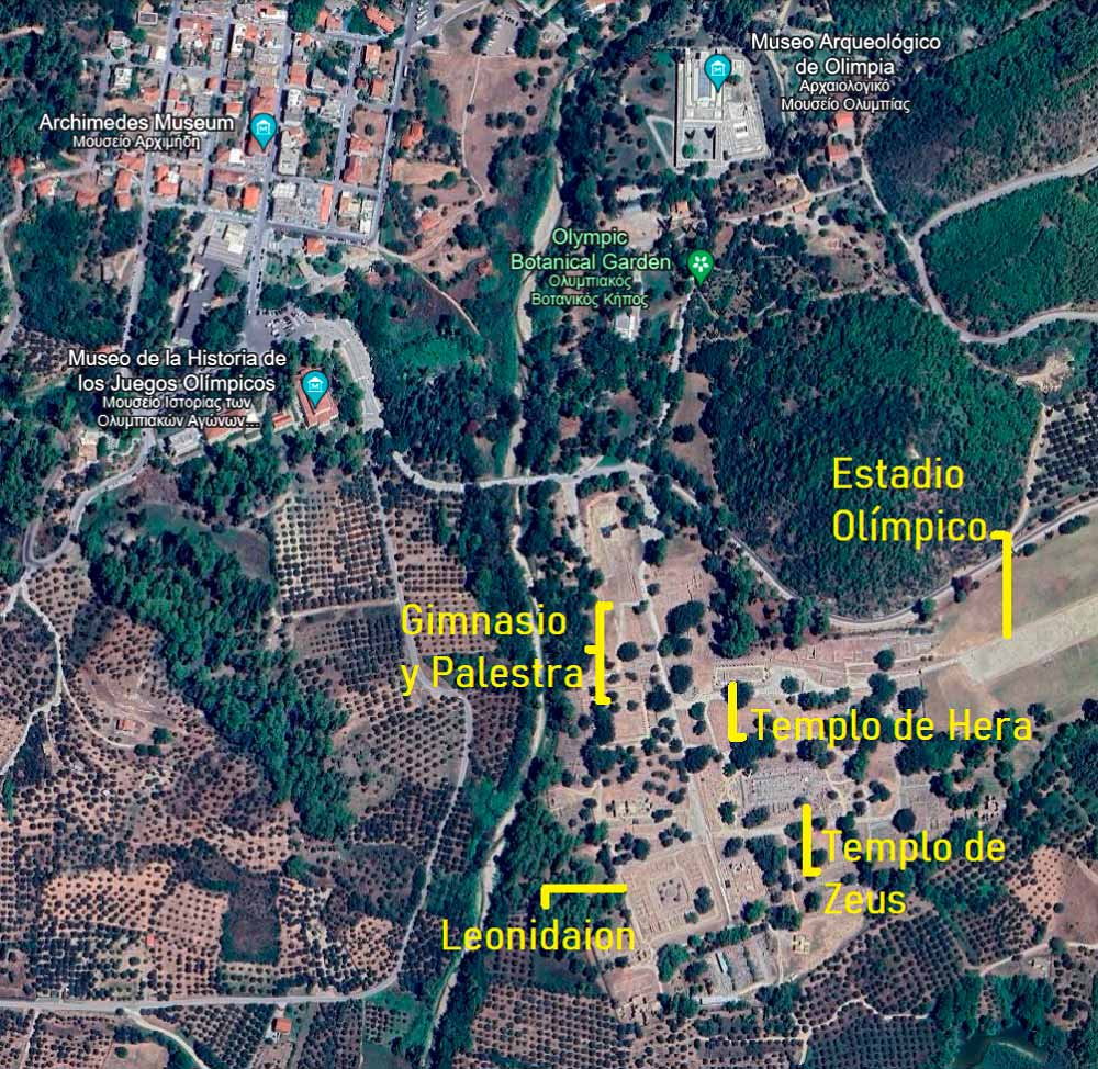 mapa del sitio arqueológico de Olimpia en Grecia