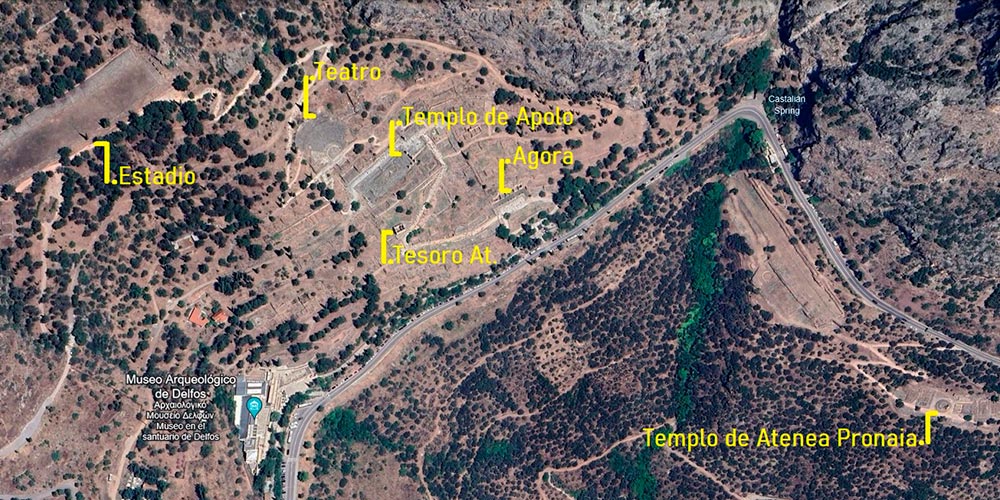 mapa del sitio arqueológico de Delfos